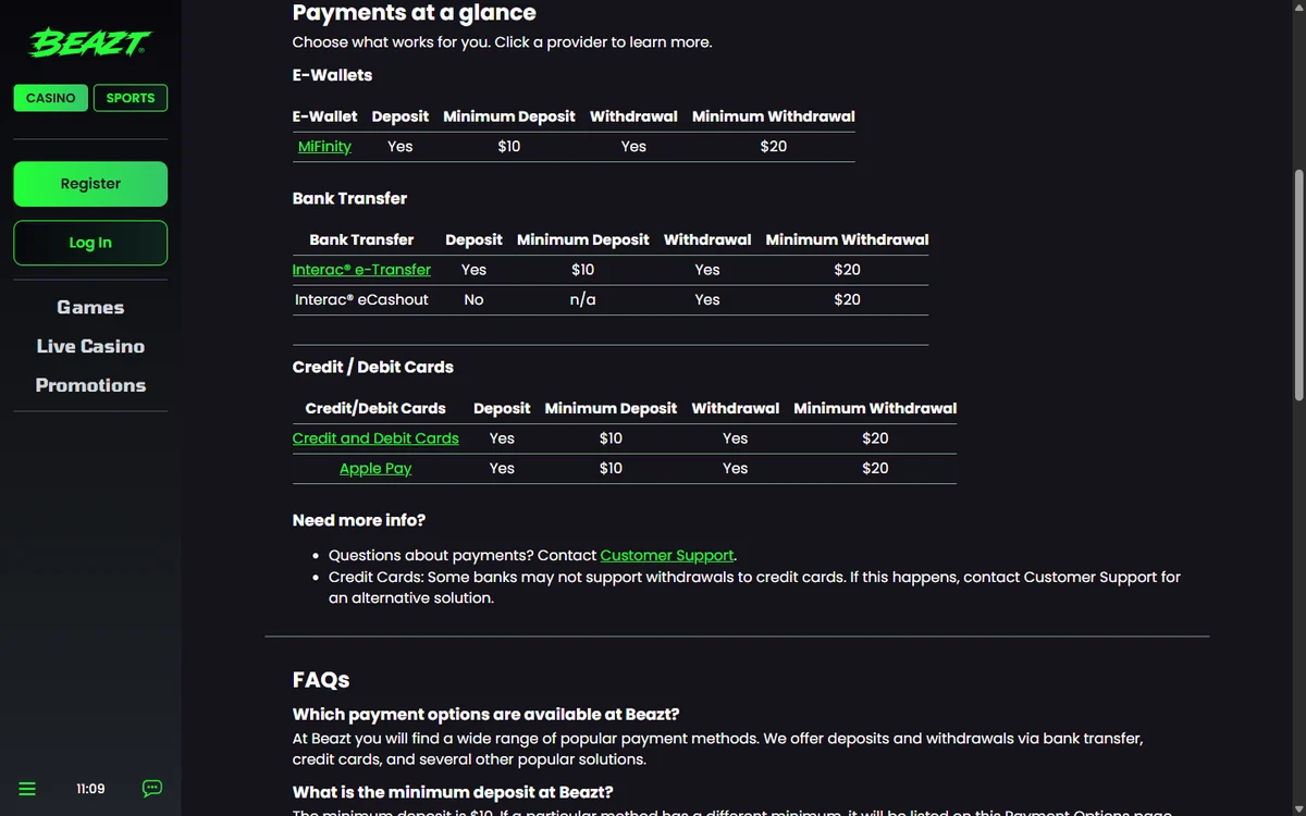 Beazt payments at a glance grid listing Interac MiFinity cards and Apple Pay with minimums