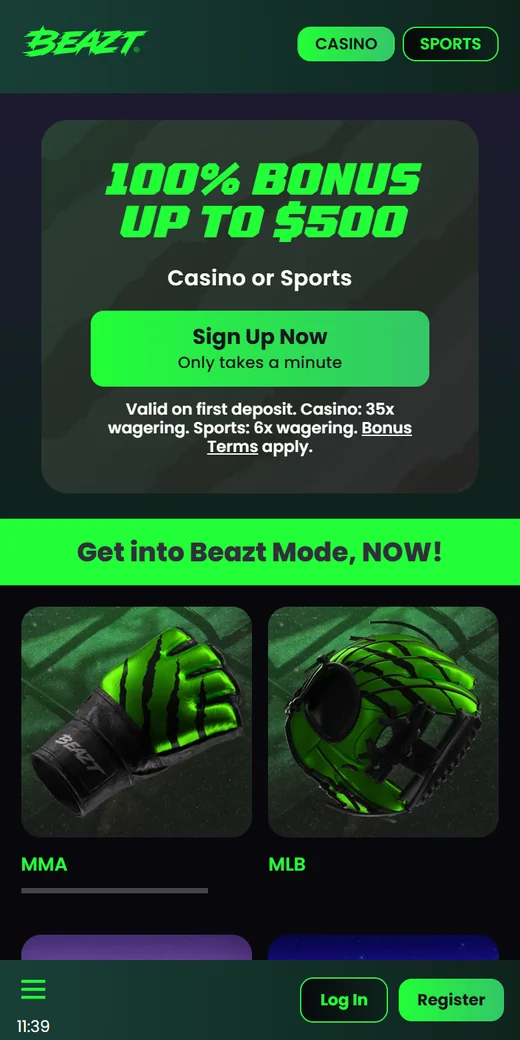 Beazt Casino mobile lobby with the 100 percent up to 500 dollars welcome banner