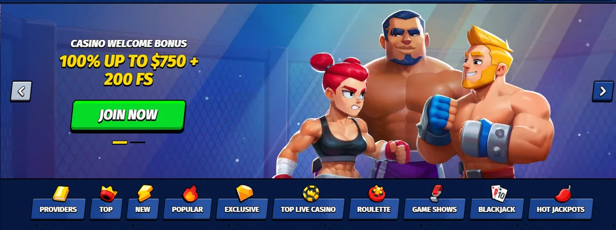 BigClash casino lobby hero with the welcome bonus banner and cartoon fighters beside game category chips