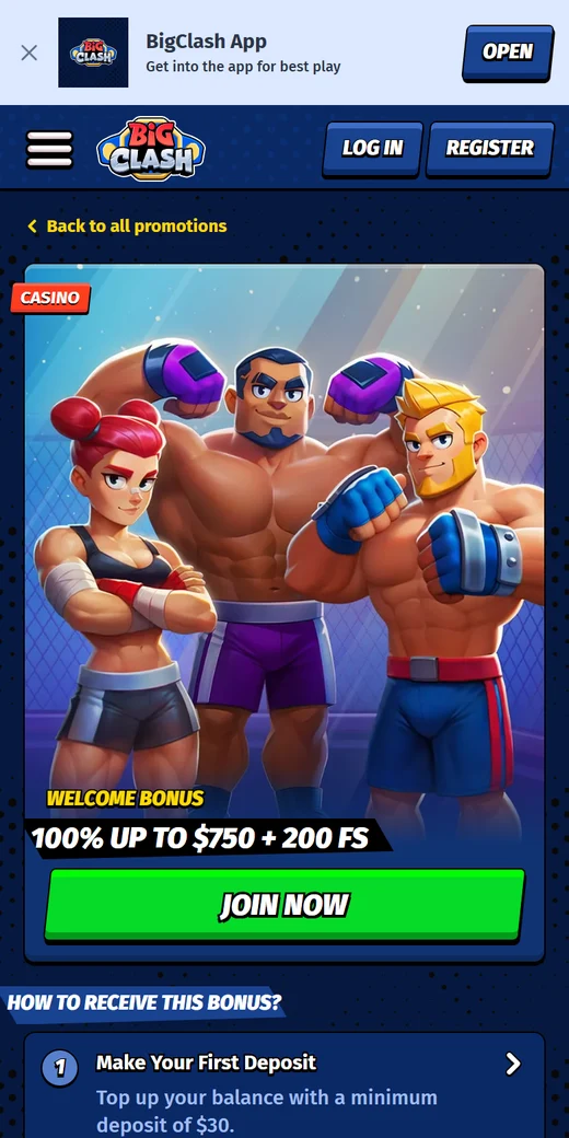 BigClash mobile welcome bonus page with the 100 percent up to 750 dollars banner and cartoon fighter characters