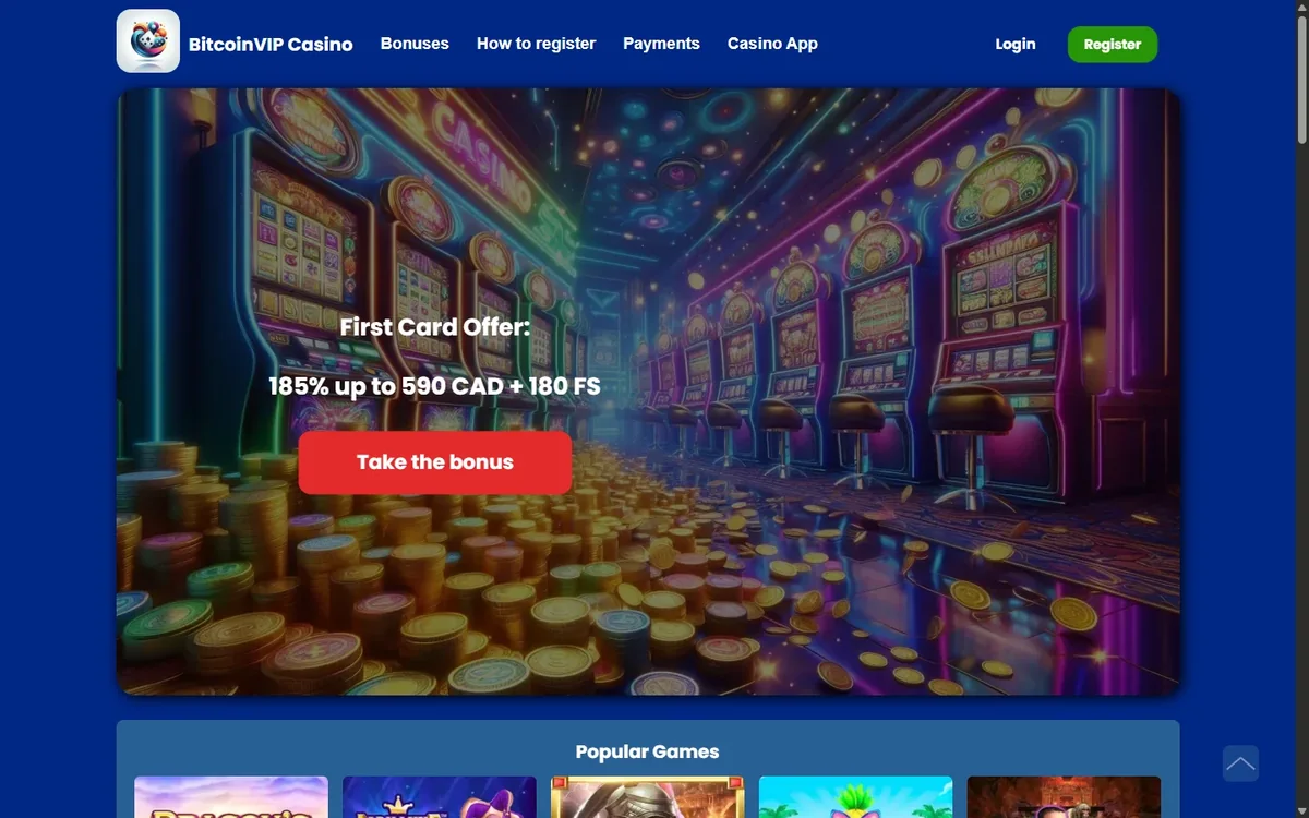 BitcoinVIP Casino home page with the first deposit offer over a slot hall illustration