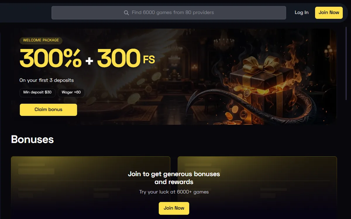 Bitguruz bonuses page showing the welcome package banner of 300 percent plus 300 free spins with wager x60