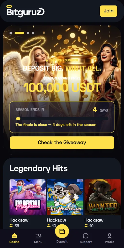 Bitguruz Casino mobile lobby with the season giveaway banner and Hacksaw game tiles