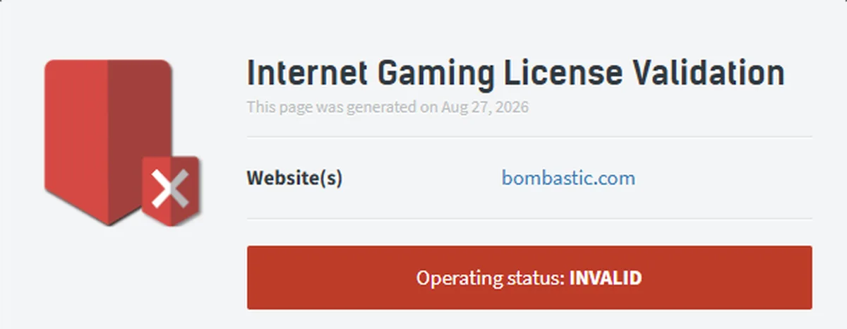 Anjouan gaming validator for bombastic.com showing Operating status INVALID with the red failed shield