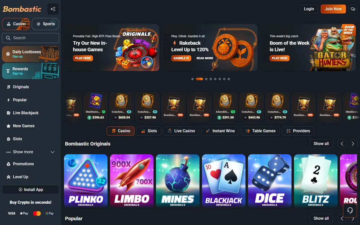 Bombastic casino lobby with the Originals row Plinko Limbo Mines and Dice the promo carousel and the live win ticker