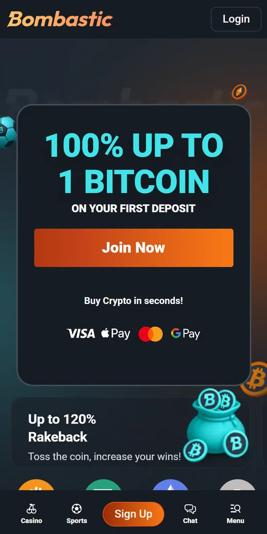 Bombastic mobile home with the 100 percent up to 1 Bitcoin offer signup button and crypto onramp row