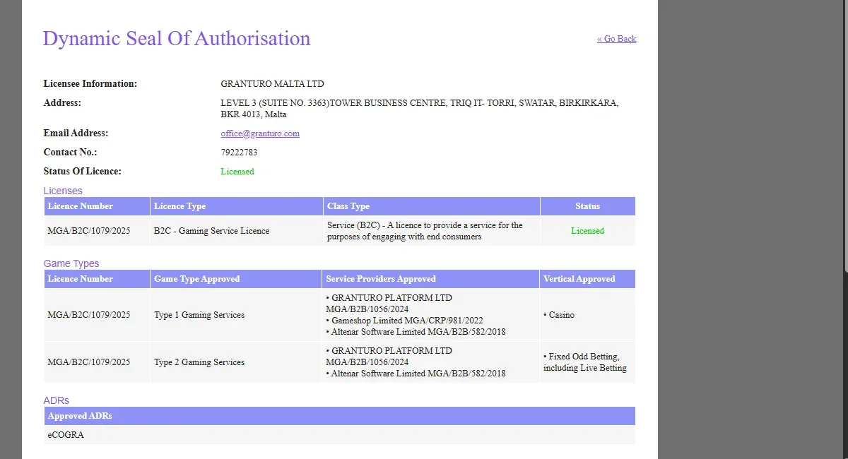 MGA Dynamic Seal of Authorisation for Granturo Malta Ltd showing licence MGA B2C 1079 2025 as Licensed