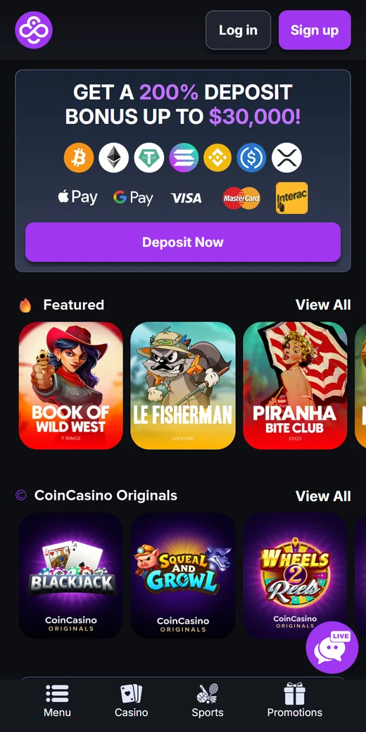 CoinCasino mobile home with the reward banners payment strip and sportsbook tiles