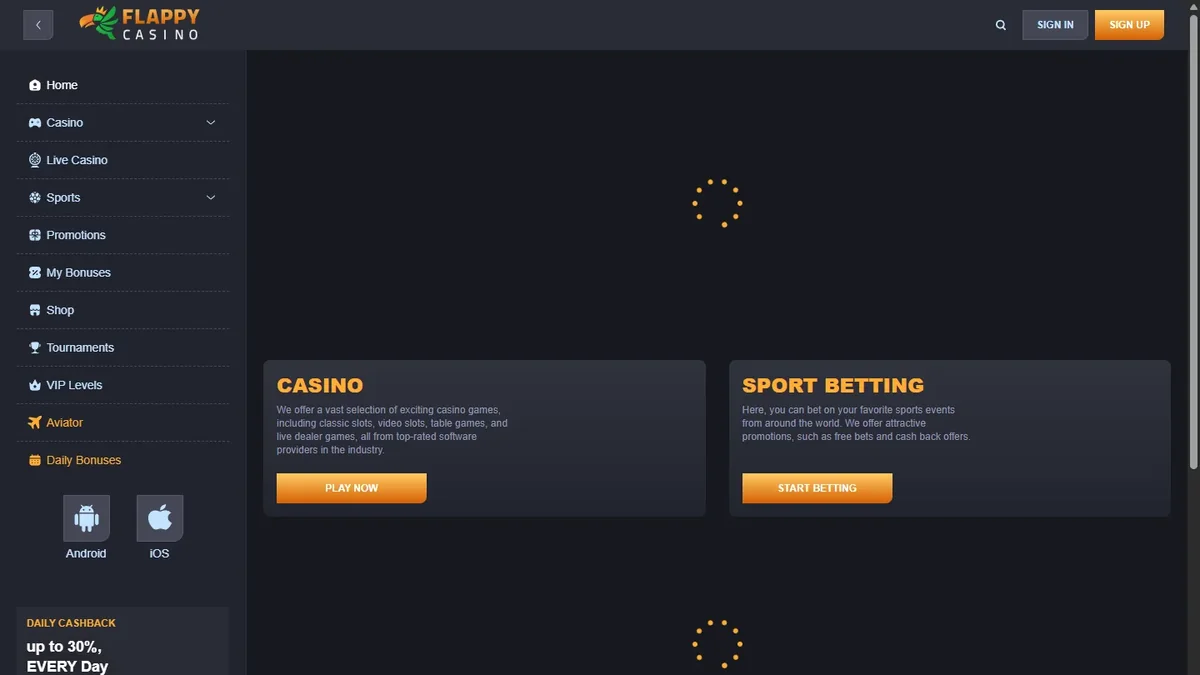 Flappy Casino home page with the casino and sport betting panels and side navigation