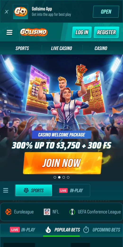 Golisimo mobile home with the casino welcome package hero and sports betting rows
