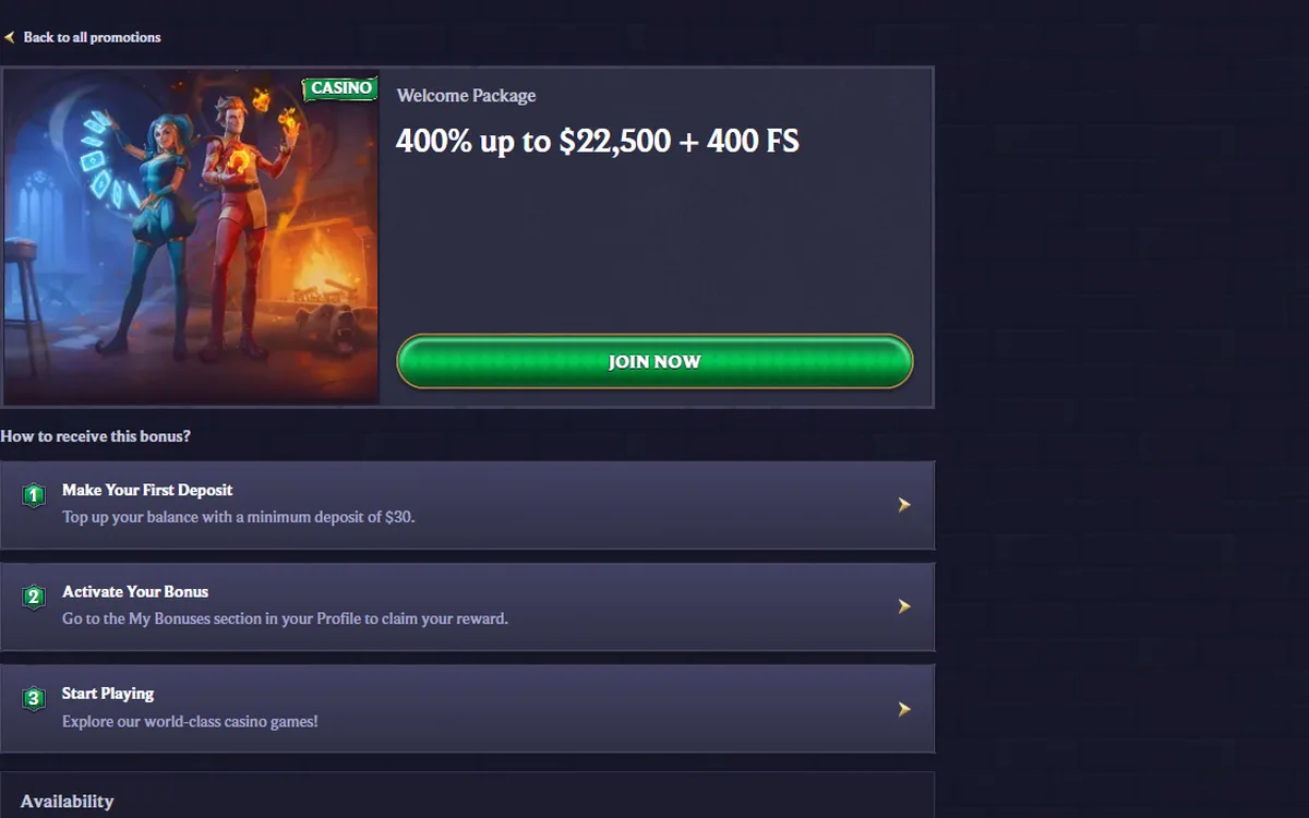 LolaJack welcome package page with the 400 percent up to 22500 dollar card and claim steps