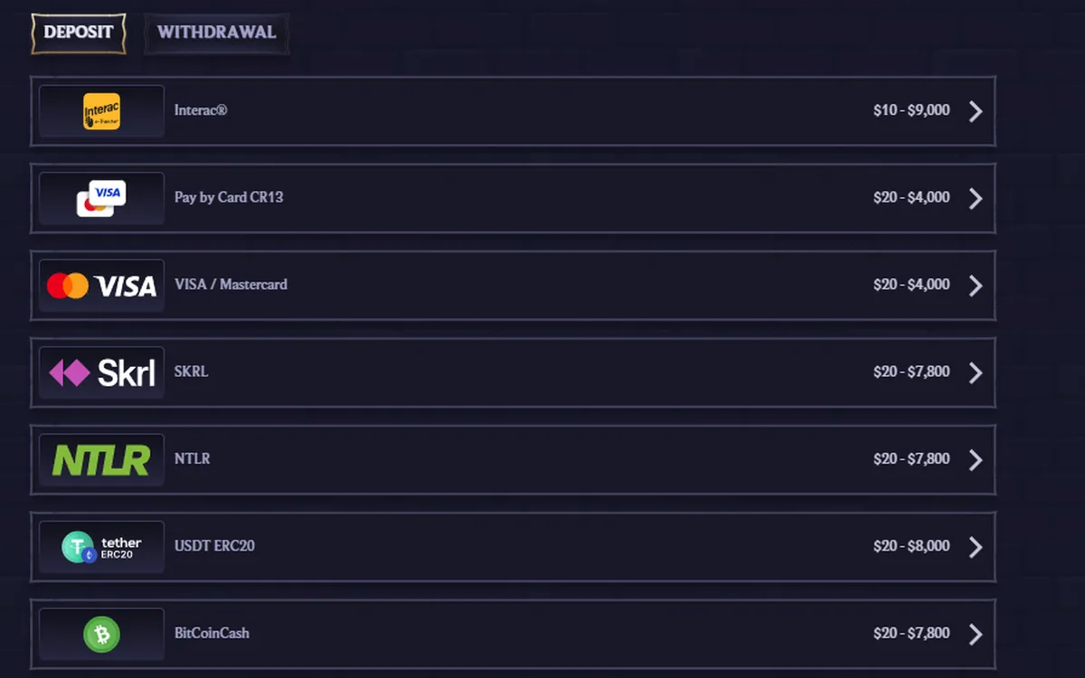 LolaJack cashier deposits tab with per-method ranges and the crypto board
