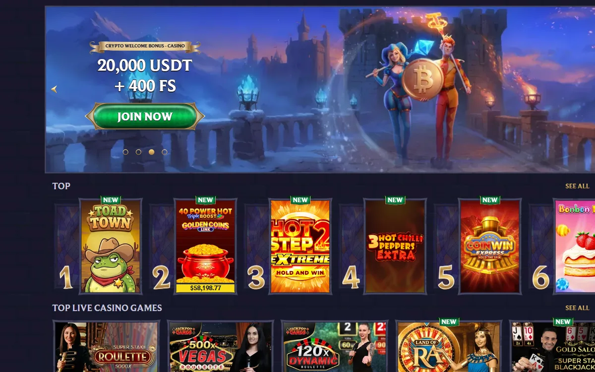 LolaJack casino lobby with the welcome package banner and top games row with demo buttons