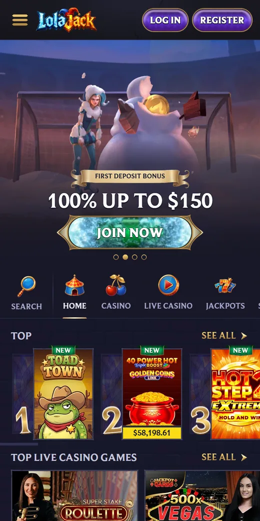 LolaJack Casino mobile lobby with the first deposit bonus banner and jackpot game tiles