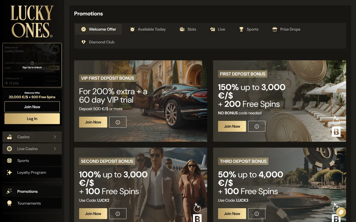 Lucky Ones promotions page with the VIP first deposit bonus, the first deposit bonus of 150% up to 3,000 and 200 free spins, and the second and third deposit bonuses with codes LUCK2 and LUCK3