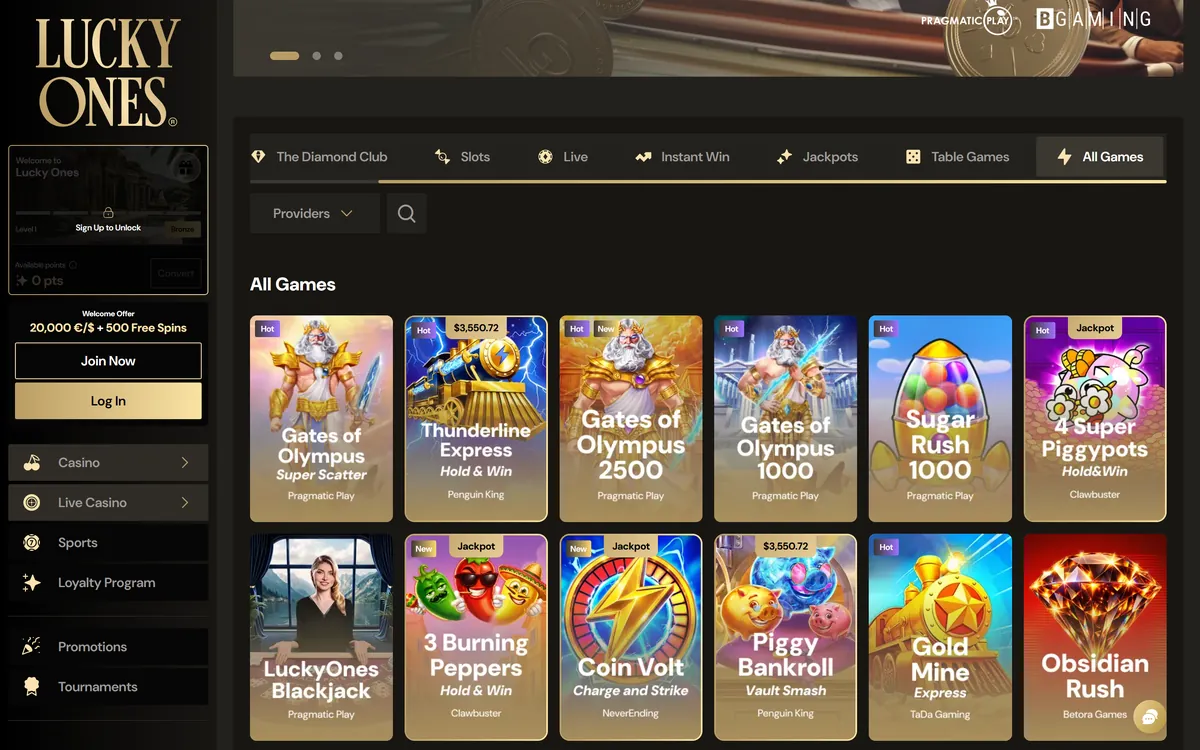 Lucky Ones Casino lobby on the All Games tab with category tabs, the provider filter and slot tiles that show each provider's name
