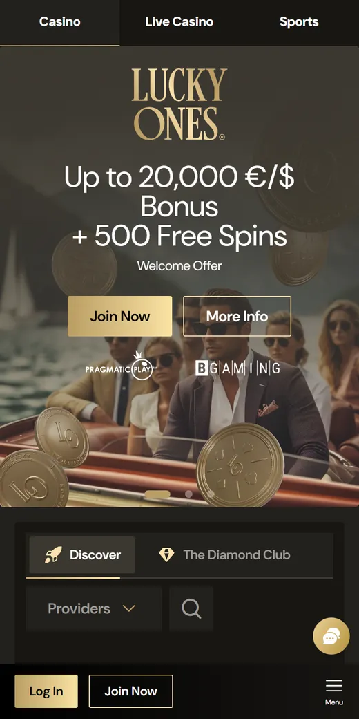 Lucky Ones Casino mobile home page with the welcome offer of up to 20,000 and 500 free spins