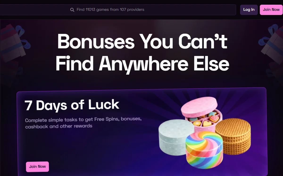 Lussurio bonuses page with the 7 Days of Luck calendar and cashback panels