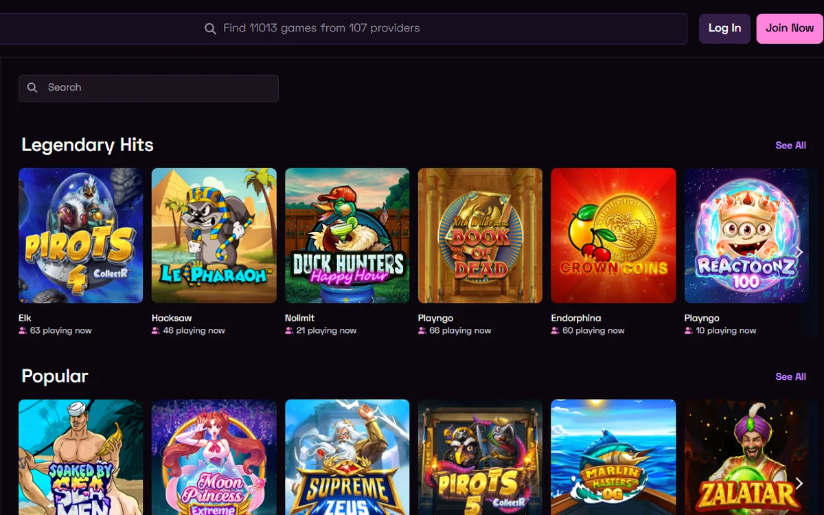 Lussurio lobby with the search counter reading 11013 games from 107 providers
