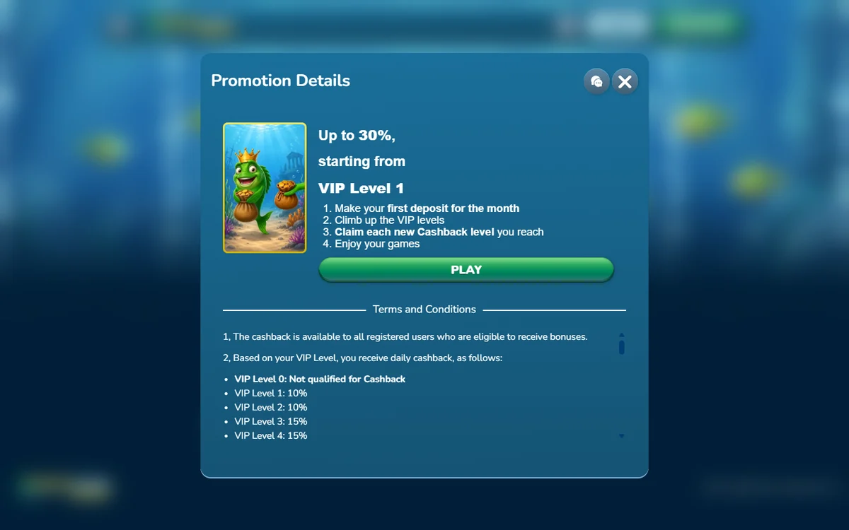 MegaFishWins daily cashback promotion showing VIP level zero not qualified and the ladder to 30 percent