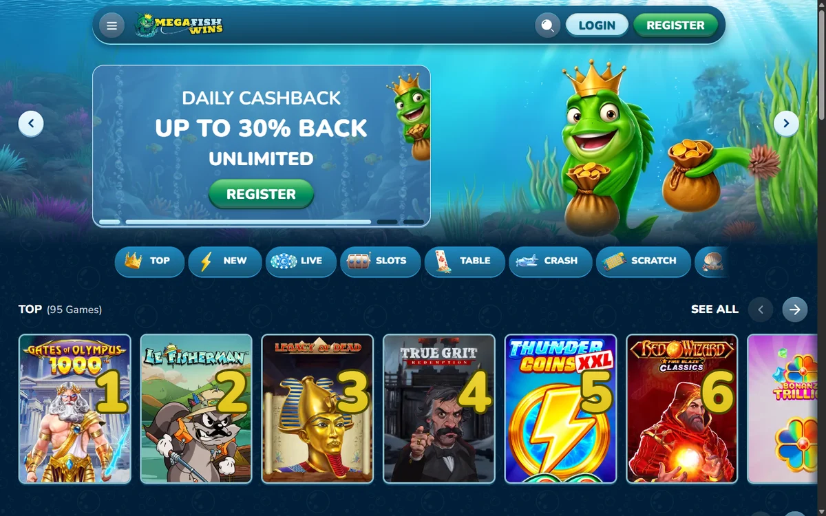 MegaFishWins lobby with the daily cashback banner, fish king mascot, category chips and numbered top games row