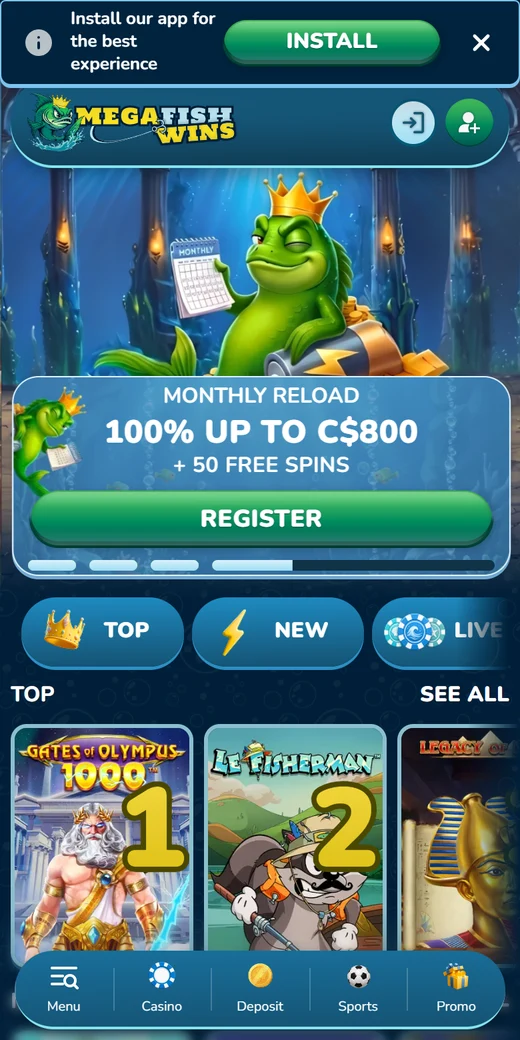 MegaFishWins mobile lobby with the fish king mascot, monthly reload banner and top games row