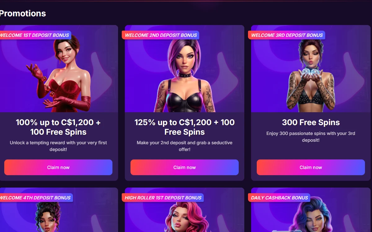 OnlyWin promotions page showing the four welcome deposit bonuses with glamour model artwork on each card