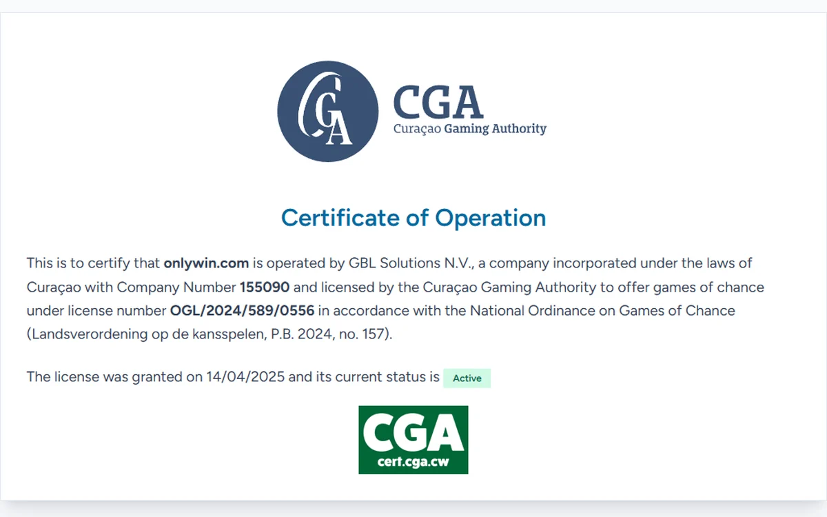 Curacao Gaming Authority Certificate of Operation for onlywin.com naming GBL Solutions and licence OGL 2024 589 0556 granted 14 April 2025