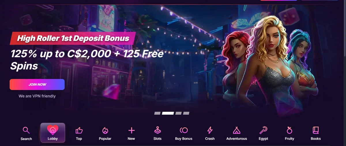 OnlyWin home page hero with the high roller banner, We are VPN friendly line and game category chips