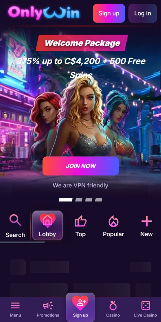 OnlyWin mobile lobby with the welcome package banner and the We are VPN friendly line