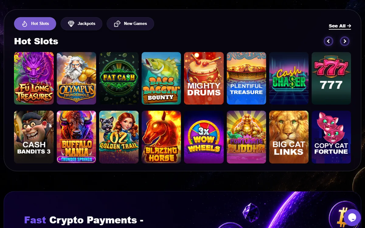 OreonBet Hot Slots rail showing RTG game tiles including Cash Bandits 3 Plentiful Treasure and Big Cat Links