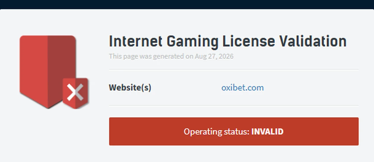 Anjouan validator card for oxibet.com showing a red shield and Operating status INVALID