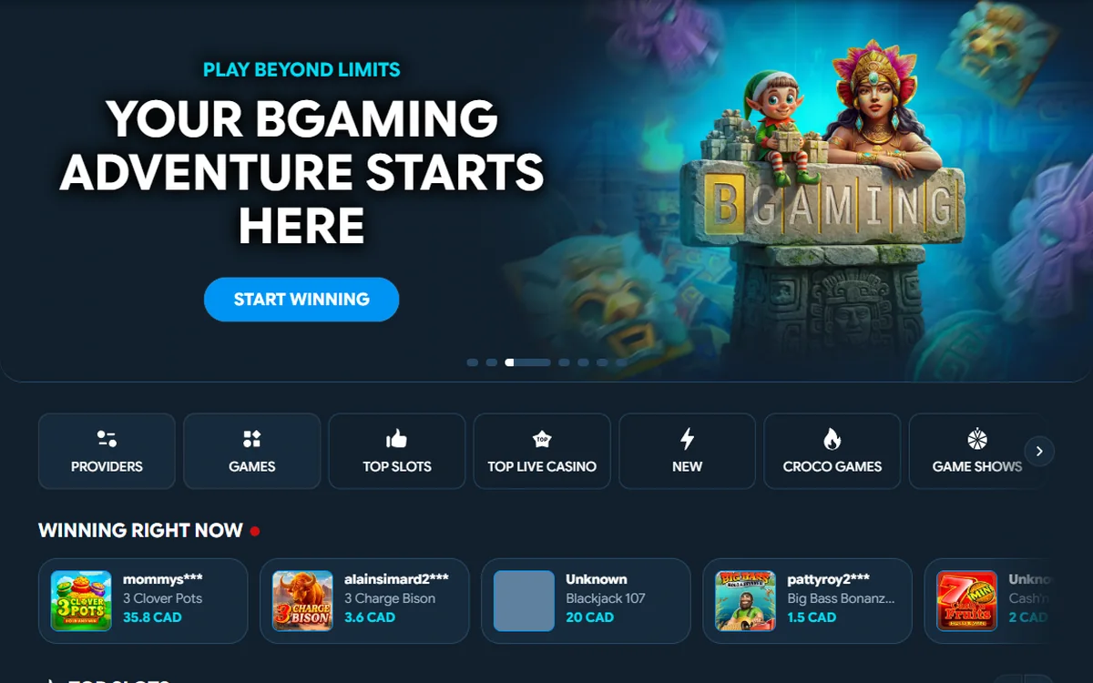 Oxibet lobby with the welcome banner category tiles winning ticker and top slots row