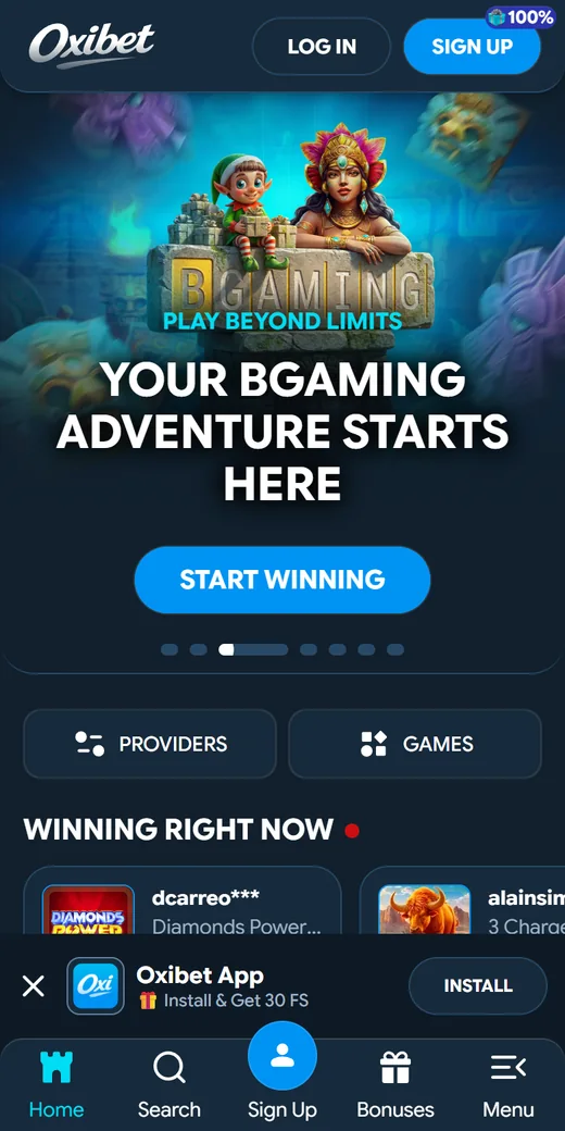 Oxibet mobile home with the BGaming promo hero, winning ticker and app install bar