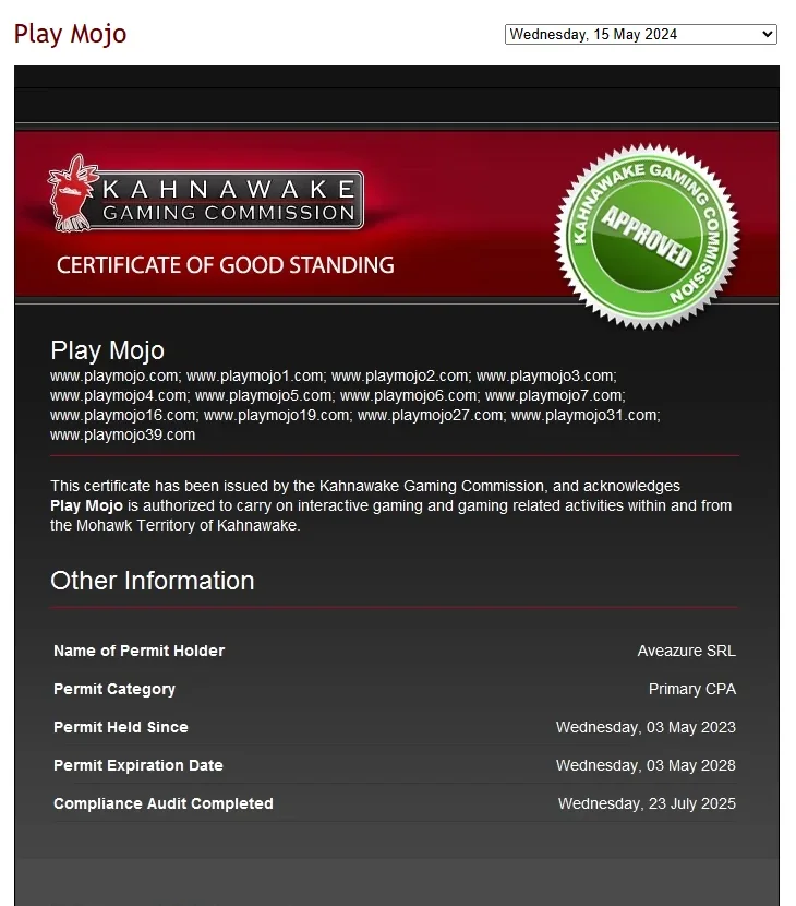 Kahnawake Gaming Commission certificate for Play Mojo showing the permit held since 3 May 2023 and the numbered mirror domains