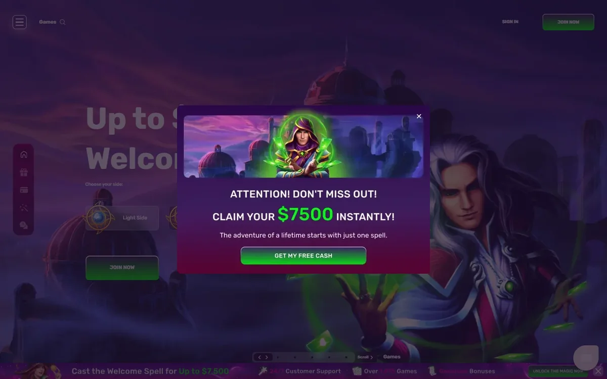 Shazam Casino home page with the welcome popup promising 7500 dollars instantly
