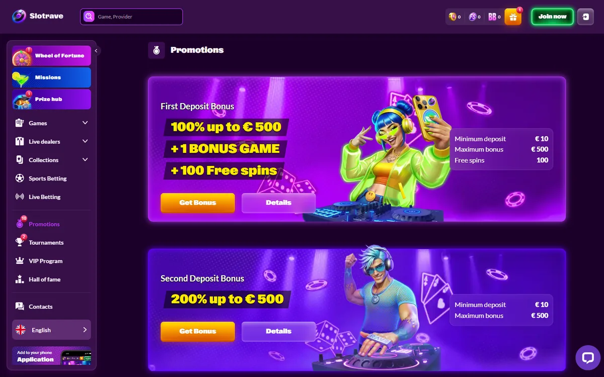 SlotRave promotions page showing the first and second deposit bonus tiers with minimum deposit panels