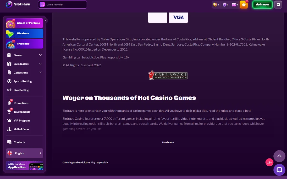 SlotRave footer with the Galan Operations licence sentence and the Kahnawake Gaming Commission seal