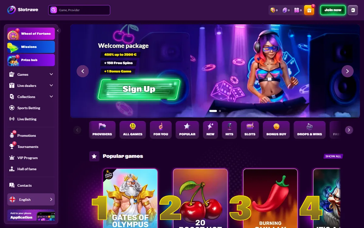 SlotRave casino lobby with the 450 percent welcome package banner and game category tiles