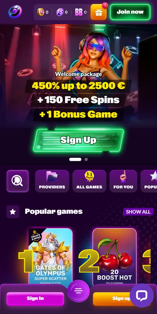 SlotRave Casino mobile lobby with the welcome package banner and game categories