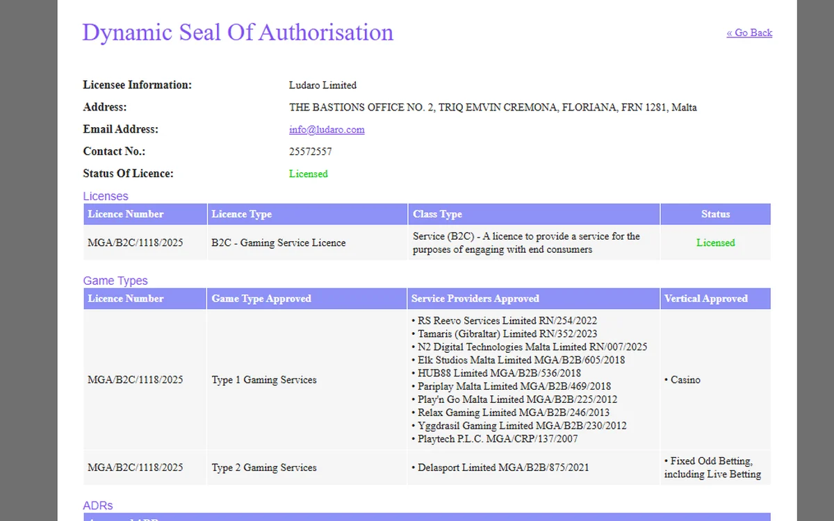 MGA Dynamic Seal of Authorisation for Ludaro Limited showing licence MGA B2C 1118 2025 with Licensed status