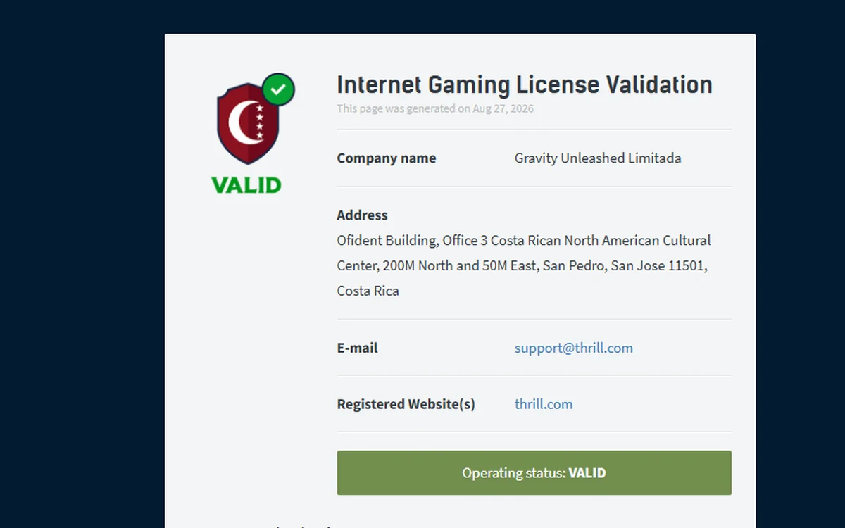 Anjouan verification page for Gravity Unleashed Limitada showing the thrill.com domain, the support address and Operating status VALID
