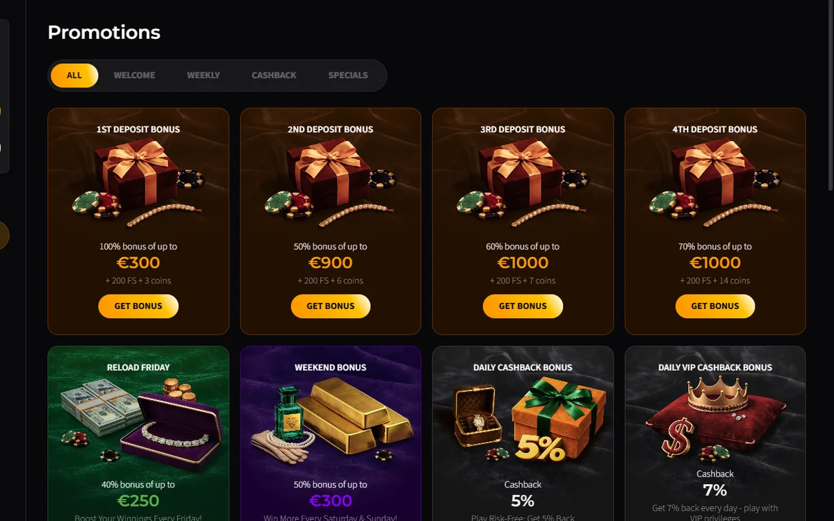 Wild Chance promotions grid with the four welcome deposit cards and the cashback offers