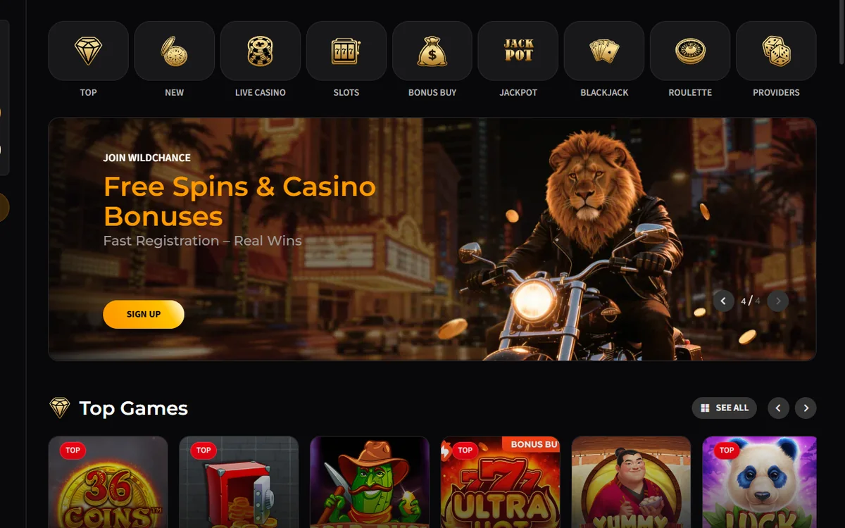 Wild Chance lobby with gold category tiles the lion mascot banner and top games row with demo buttons