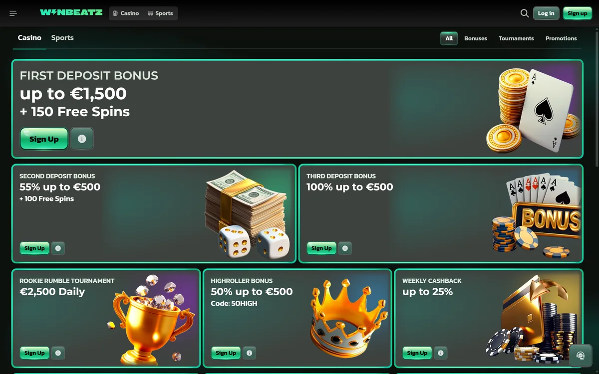 Winbeatz promotions page with the first deposit bonus up to 1,500 euros and 150 free spins, the second and third deposit bonuses, the high roller bonus and the weekly cashback