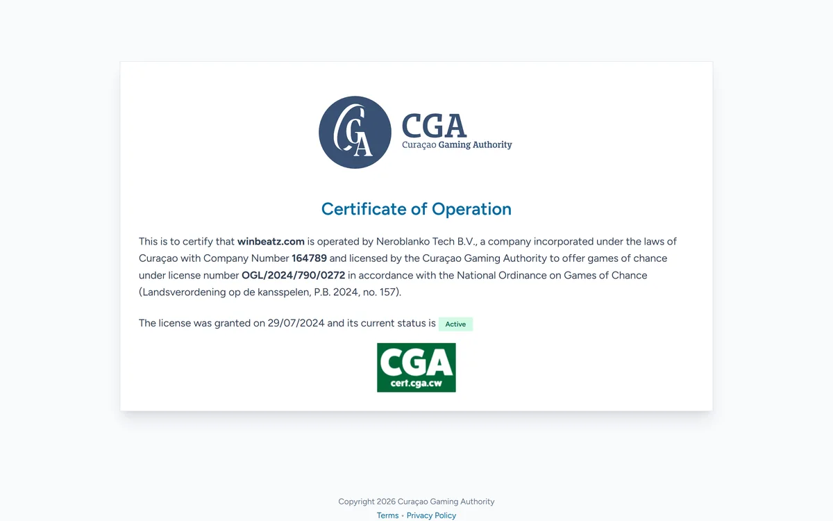 Curacao Gaming Authority certificate for winbeatz.com showing Neroblanko Tech B.V., licence OGL 2024 790 0272, granted 29 July 2024, status Active