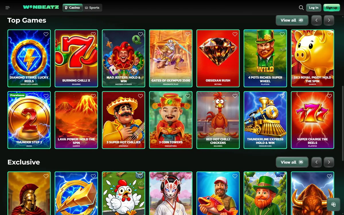 Winbeatz casino lobby with the Top Games row of slots, each showing its provider, and the Exclusive row below