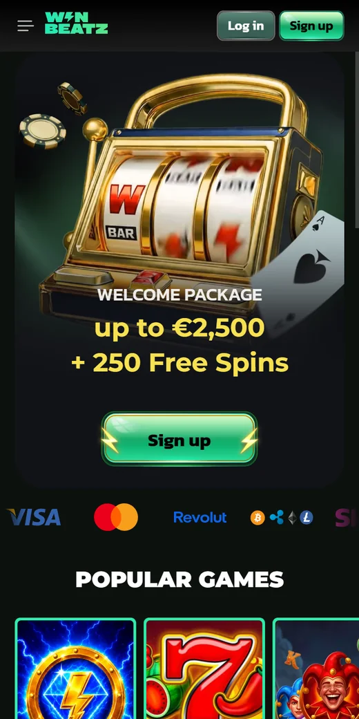 Winbeatz mobile home page with the welcome bonus banner, the payment methods and the popular games