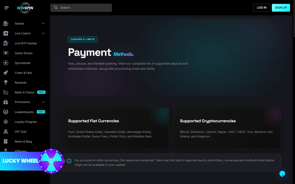 WinSpin payment methods page listing each method with its fee, processing time and limits