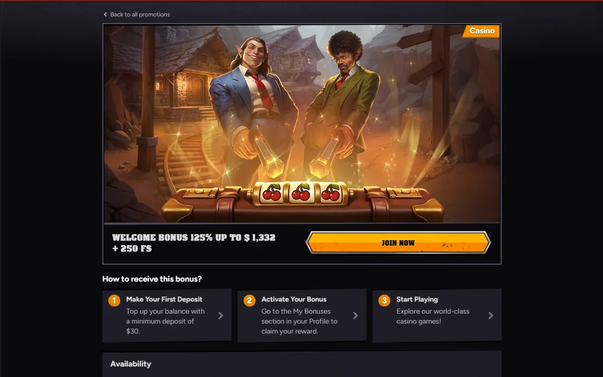 Wintino welcome offer page with the 125 percent match banner and claim steps